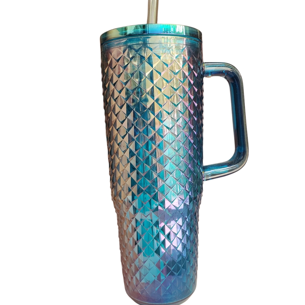 Iridescent Blue Tumbler with Straw